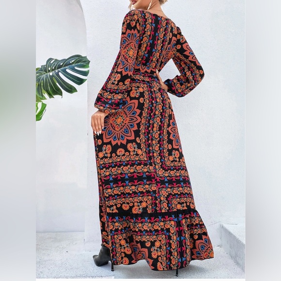 Floral Lantern Sleeve Ruffle Trim Wrap Dress - Picture 2 of 10